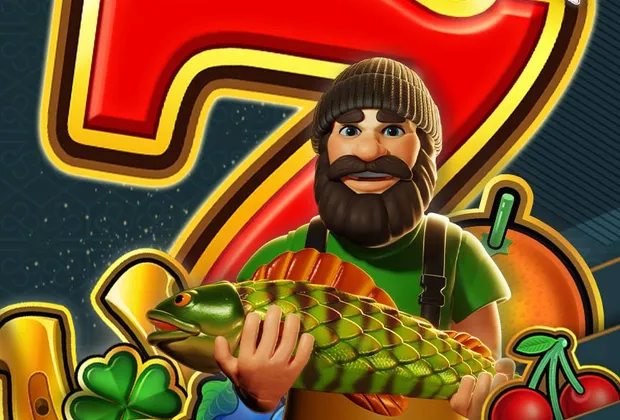 Pokie studio artwork with a fisherman and a big red seven Pokie studio artwork with a fisherman and a big red seven